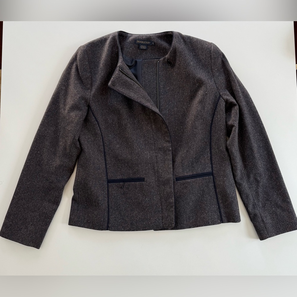 Pendleton~Blazer~Womens 10~Blue/Gray~Virgin Wool~Full Zip~Collarless~Silk Lined